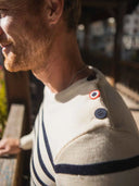 Pull homme rayé détail rayures mérinos - Le Navigateur confection française