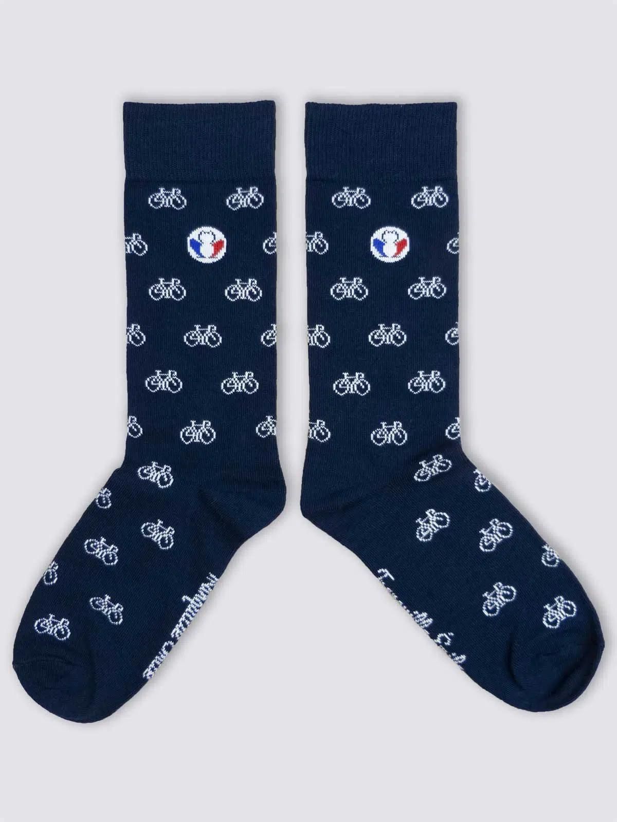 Chaussettes bleues vélos détail motif - Les Vélos confection française