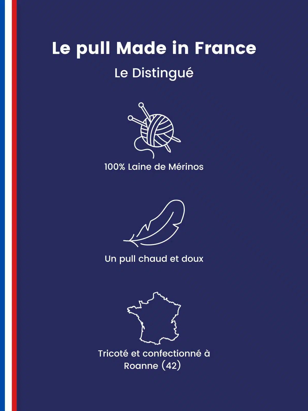 Pull en laine mérinos confectionné en France - fiche descriptive Le Distingué