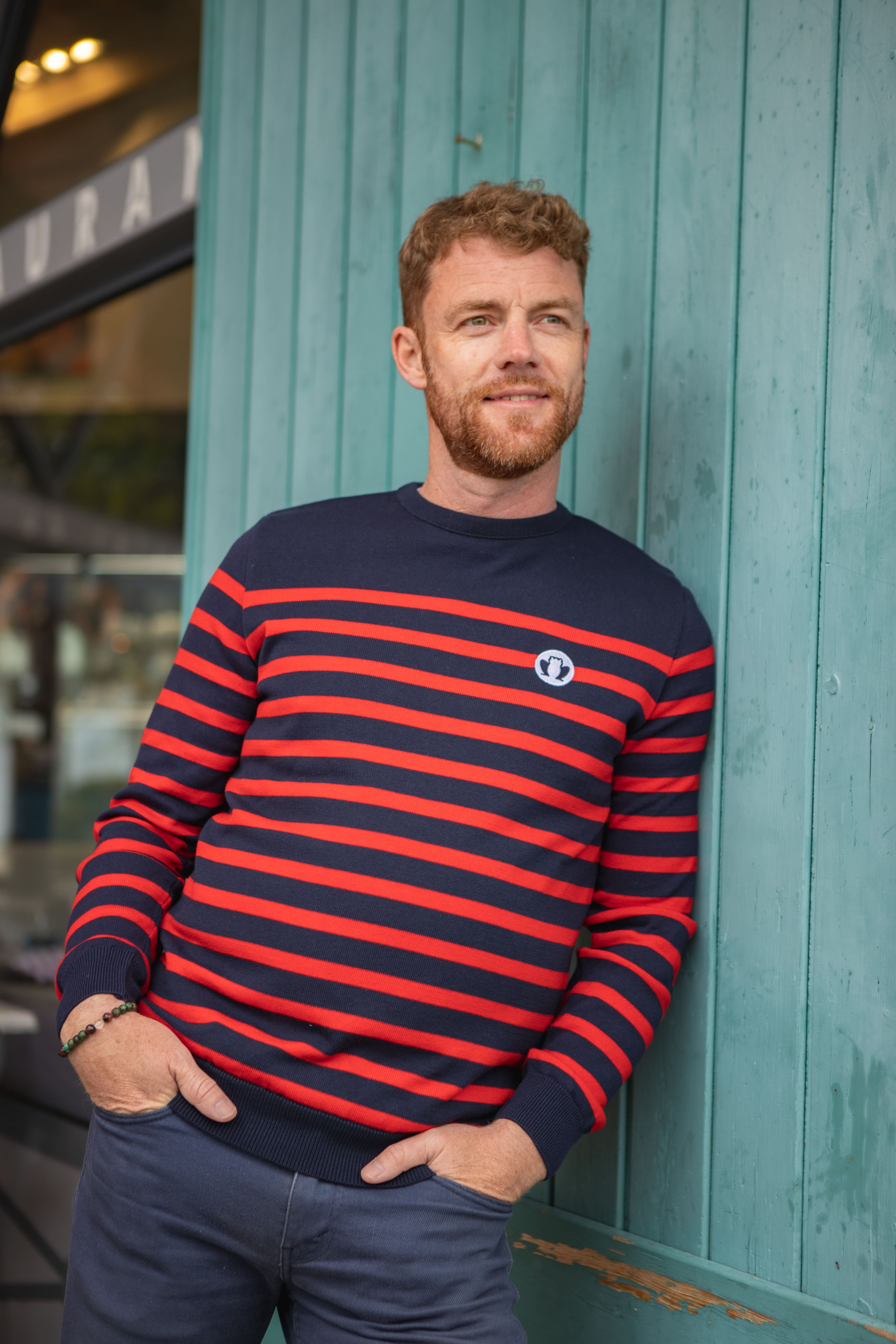 Pull marinière homme rouge en coton bio confectionné en France - La Marinière vue de face