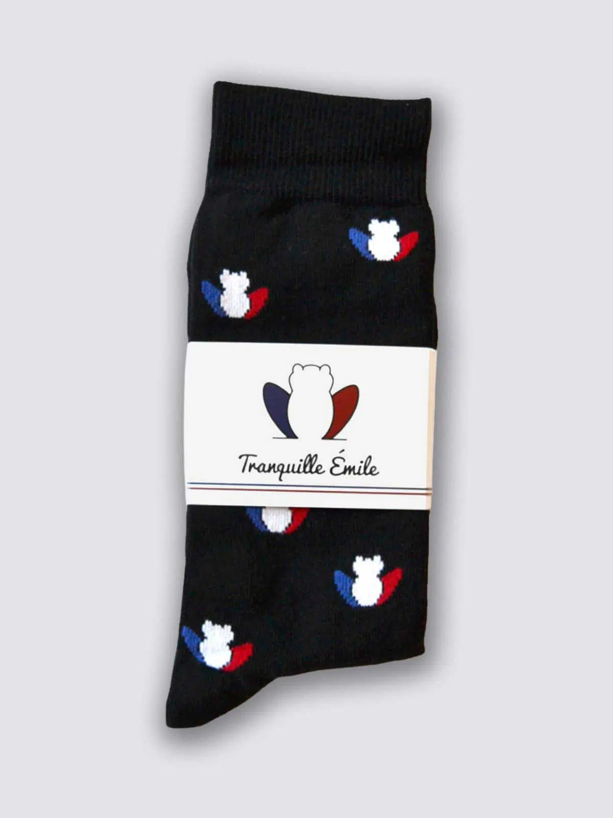 Chaussettes noires grenouilles détail motif tricolore - Les Grenouilles confection française