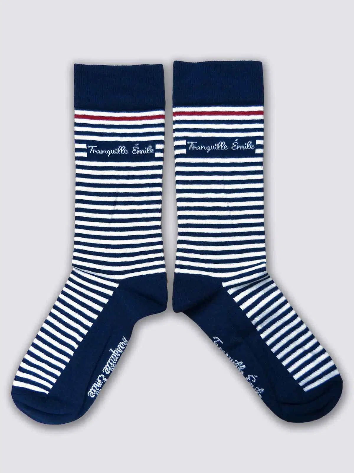 Chaussettes rayées bleu et blanc confectionnées en France - Les Rayées vue de face