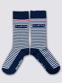 Chaussettes rayées bleu et blanc confectionnées en France - Les Rayées vue de face