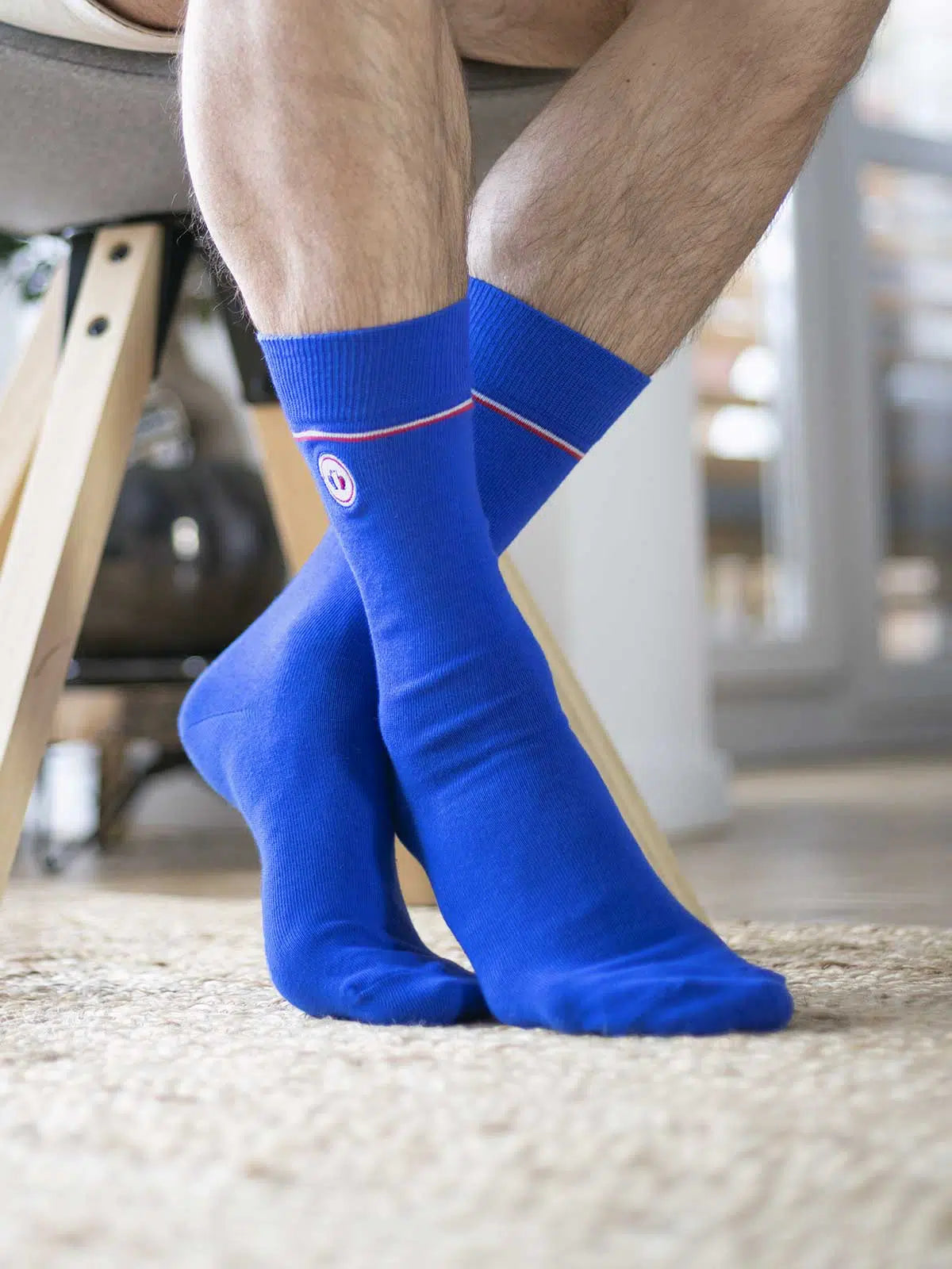 Chaussettes bleu électrique détail liséré tricolore - Les Unies confection française