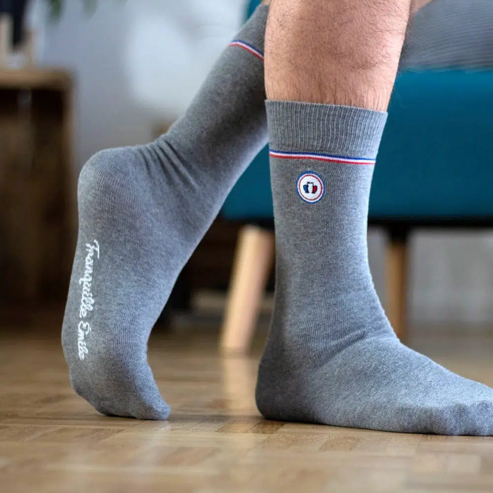 Chaussettes grises détail liséré tricolore - Les Unies confection française