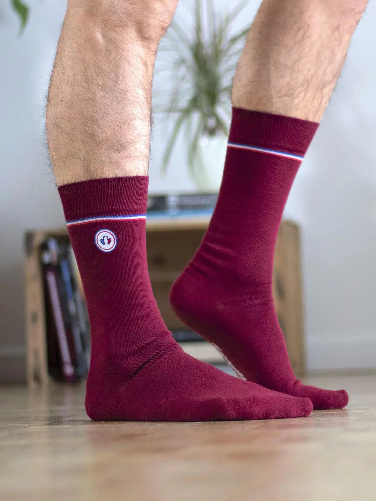 Chaussettes bordeaux détail liséré tricolore - Les Unies confection française