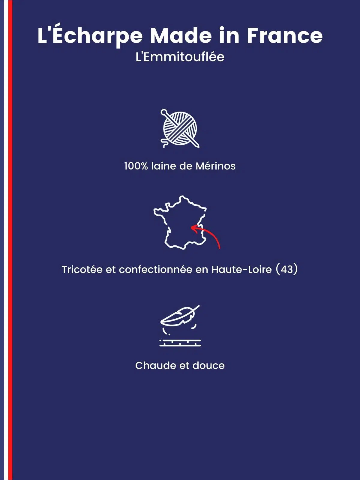 Écharpe bleue mérinos détail maille - L'Emmitouflée confection française