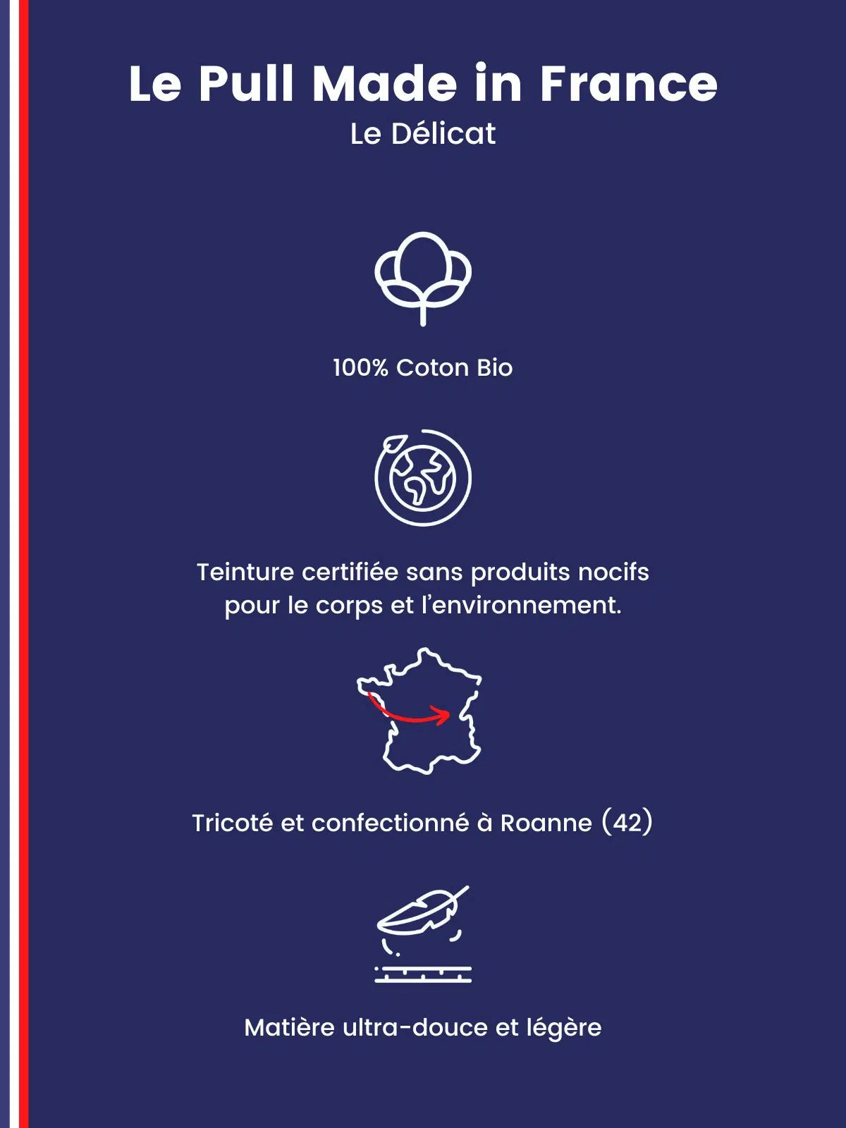 Pull en coton bio confectionné en France - fiche descriptive Le Délicat