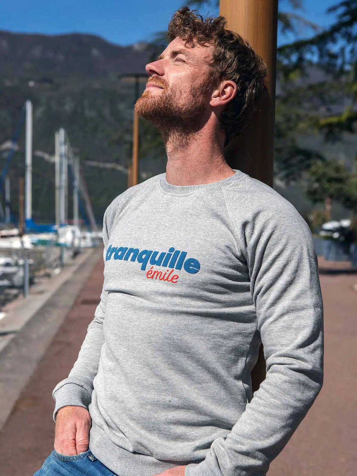 Sweat unisexe gris chiné détail sérigraphie - Tranquille Emile confection française