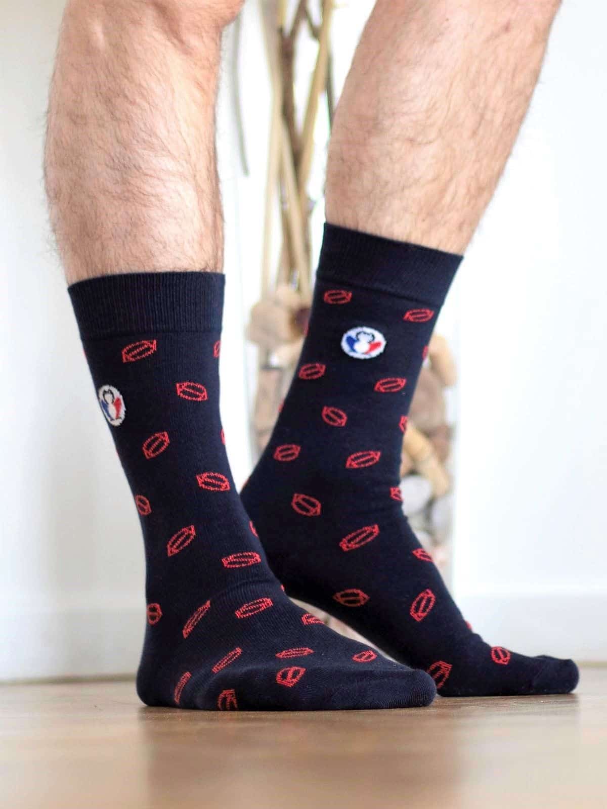 Chaussettes rugby détail motif ballon rouge - Les Rugby confection française